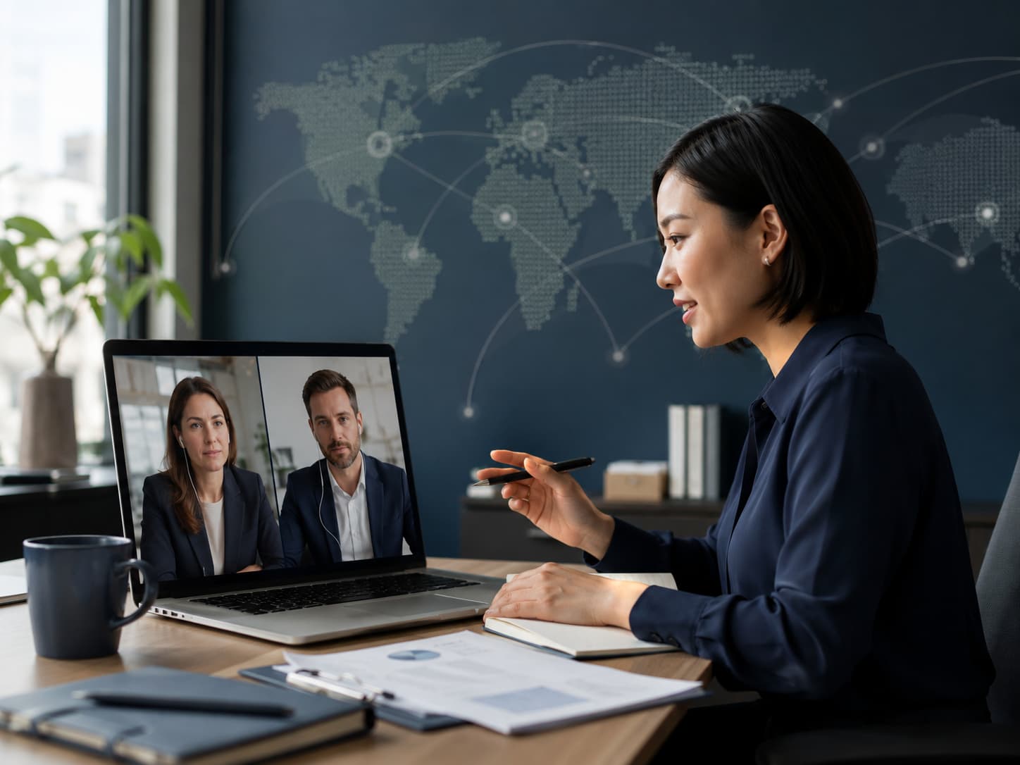 Asian businesswoman in navy blouse on a video call at a wooden desk with illuminated world map